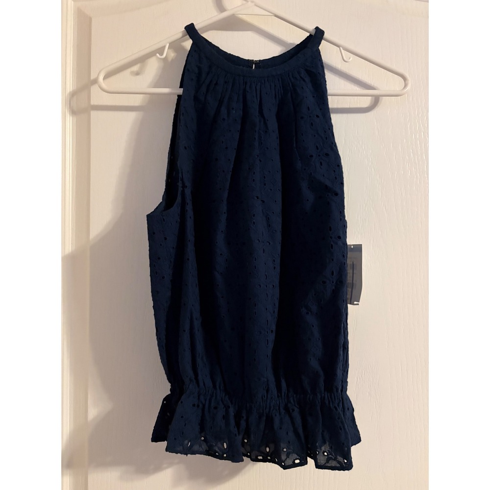 Ramy Brook Eyelet Halter Top Womens XS Navy Blue NEW Smocked Ruffle Hem